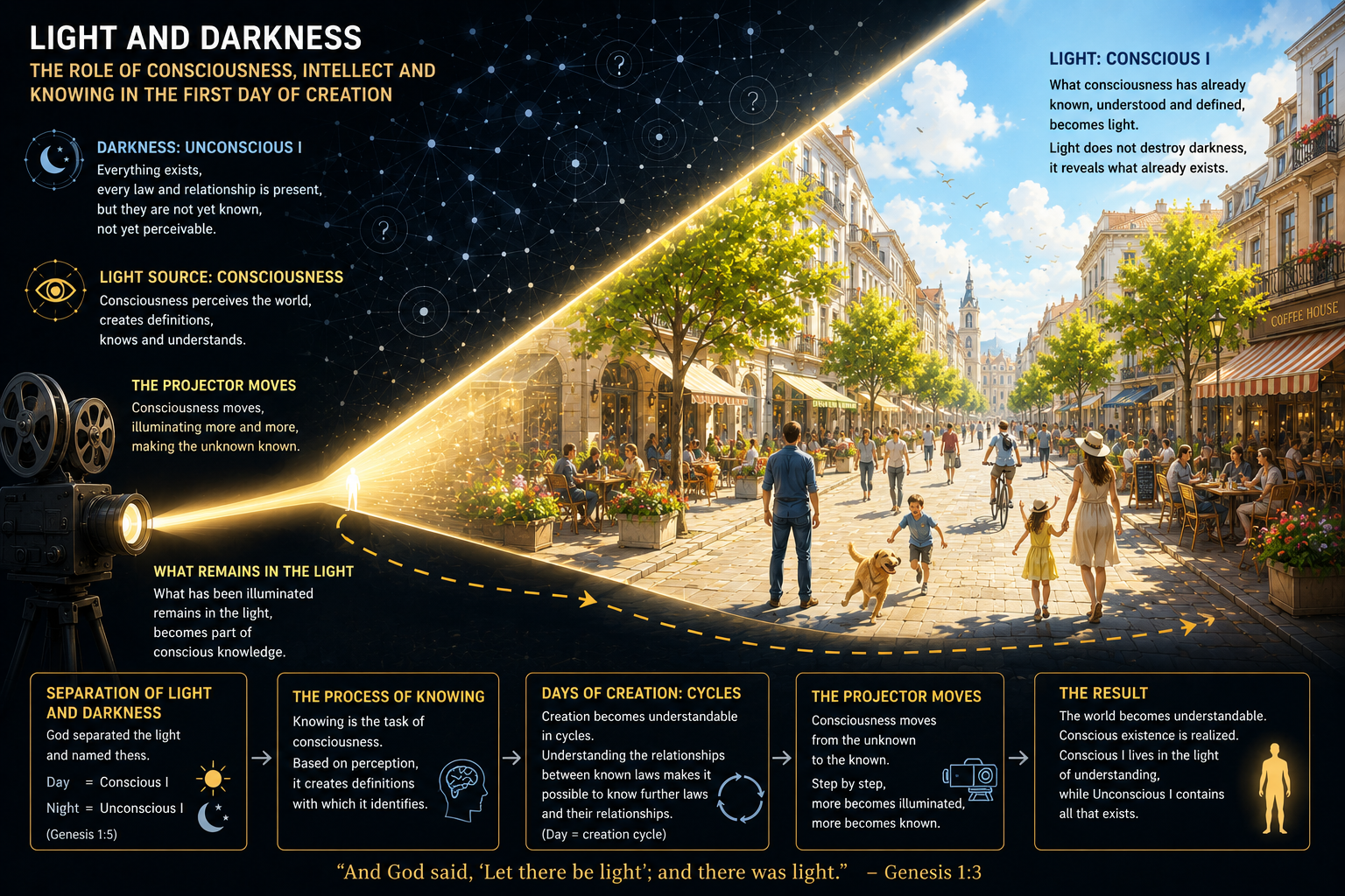 An interpretation of the First Day of Creation from the perspective of consciousness, the conscious I and the unconscious I, intellect, and the process of knowing.